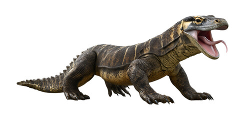 Obraz premium Komodo dragon attacking its prey with its mouth wide open and tongue out isolated on a transparent background
