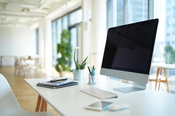 Modern Office Desk Setup with Computer and Supplies Clean Workspace