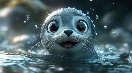 Cute seal pup emerges from water