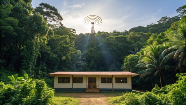 A small, single-story house surrounded by dense tropical forest with a tall radio tower emitting signals in the background under a partly cloudy sky. - Powered by Adobe
