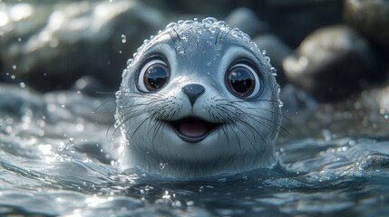 Cute seal pup emerging from water