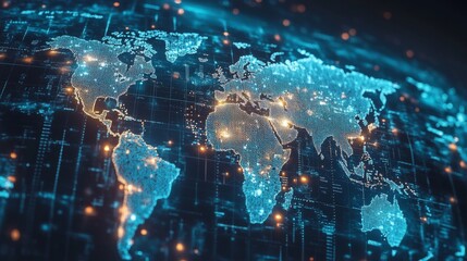 Digital world map with glowing connections and data visualization