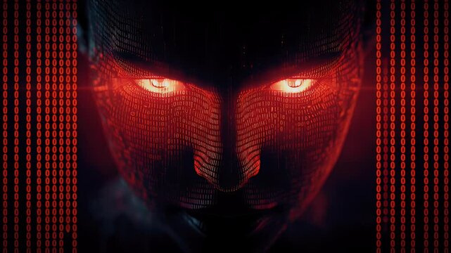 Futuristic digital portrait of a humanoid figure with glowing eyes amidst a binary code background