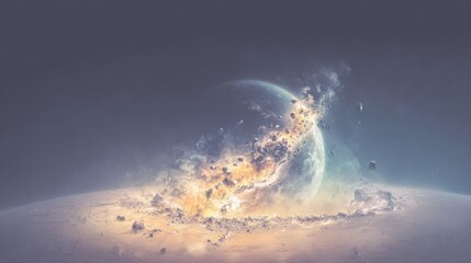 A shattered planet erupts in fiery destruction amidst a vast cosmic landscape
