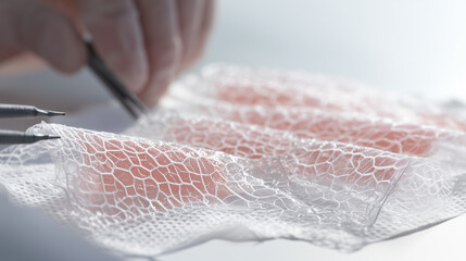 Engineered skin membrane on lab surface manipulated by tools. Concept of synthetic skin development, tissue engineering, wound healing, and biomedical innovation in clinical research.