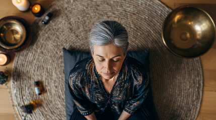Middle-aged woman meditating on woven mat in Ayurvedic setting. Natural healing, mindfulness, spiritual balance, inner peace, candles, essential oils, and wellness ritual.