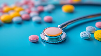 Stethoscope and colorful pills on a blue background, medical concept
