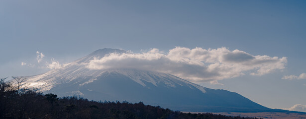 panorama of the mountains fuji in winter Panoramic banner background.