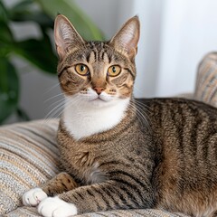 A close-up of a tabby cat resting on a couch with a plant in the background.