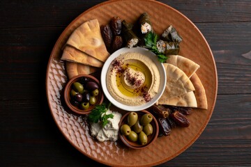 Overhead View of Middle Eastern Mezze Platter with Hummus Pita and Stuffed Grape Leaves