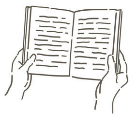 本を読んでいるシーンのイラスト。手と本。シンプルタッチ、ベクターイラスト素材。
