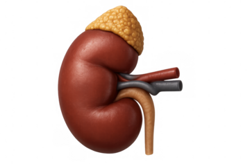 3d rendering of a human kidney, highlighting renal artery, vein, ureter, and adrenal gland, isolated on transparent background