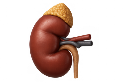 3d rendering of a human kidney, highlighting renal artery, vein, ureter, and adrenal gland, isolated on transparent background