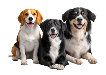 Adorable Three dogs sitting together isolated on a transparent  background
