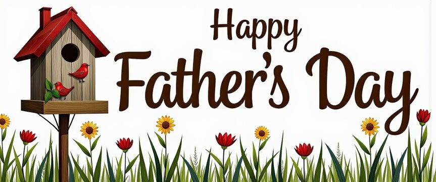 Birdhouse Father's Day banner with a whimsical nature touch.