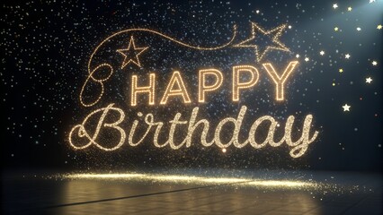 Happy Birthday message written on a chalkboard with business and education concept elements, Neon fonts