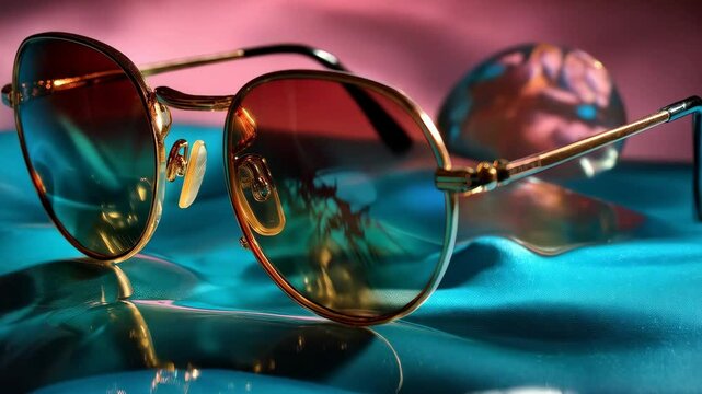 Vintage style sunglasses with gold frames and ombre lenses lying on reflective turquoise satin fabric surface with abstract background
