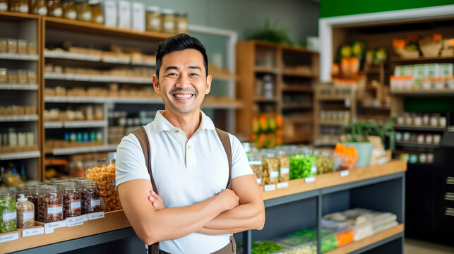Smiling Shopkeeper in Grocery: A friendly shopkeeper stands proudly amidst shelves filled with fresh produce and wholesome goods, embodies the spirit of health, wellness.