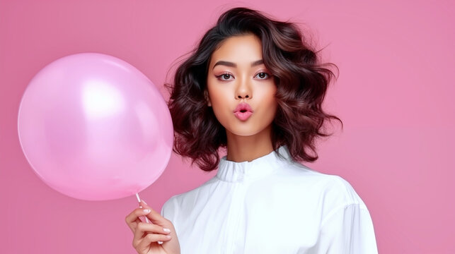 Playful Moments with a Pink Balloon: A stylish woman playfully engages with a pink balloon against a vibrant backdrop. capturing her engaging expression