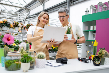 Two florists, a man and a woman, look at a laptop in a plant shop, discussing a small plant in a pot at the table.