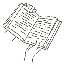 本を読んでいるシーンのイラスト。手と本。シンプルタッチ、ベクターイラスト素材。