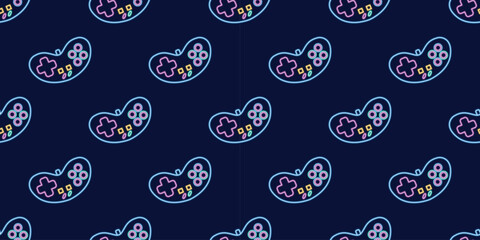 Vector neon glow game controller gamepad seamless pattern. Colored outline joystick element flat style on night dark background. Gamer device background