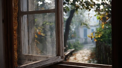 An old wooden window in the village, a view from inside onto an old street on a sunny day. The autumn trees in front of the house create a bokeh effect and bring with it a sense of nostalgia.