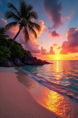 Vibrant Seychelles sunset, Anse Lazio beach, Praslin , golden hour, view, color