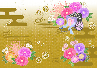 御所車と牡丹・菊・桜の和柄背景ベクター素材（金）