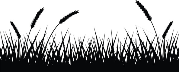 Black grass and wheat silhouette vector, nature design element, agricultural field decoration, wild plant outline