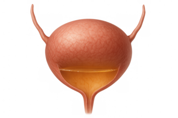 Realistic medical 3d model depicting human bladder, partially filled with urine, revealing internal anatomical details against transparent background