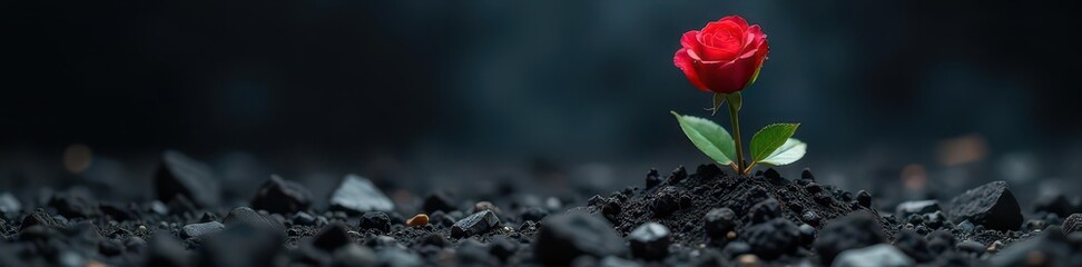 A vibrant red rose emerging from a pile of dark ashes, showing resilience , contrast, ashes to ashes