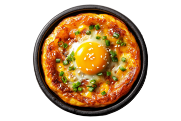 Korean Hotteok pancake with fried egg and black sesame seeds on top, isolated on white transparent background, concept of Asian cuisine