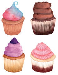 Hand-drawn of 4 Cupcakes in Watercolor