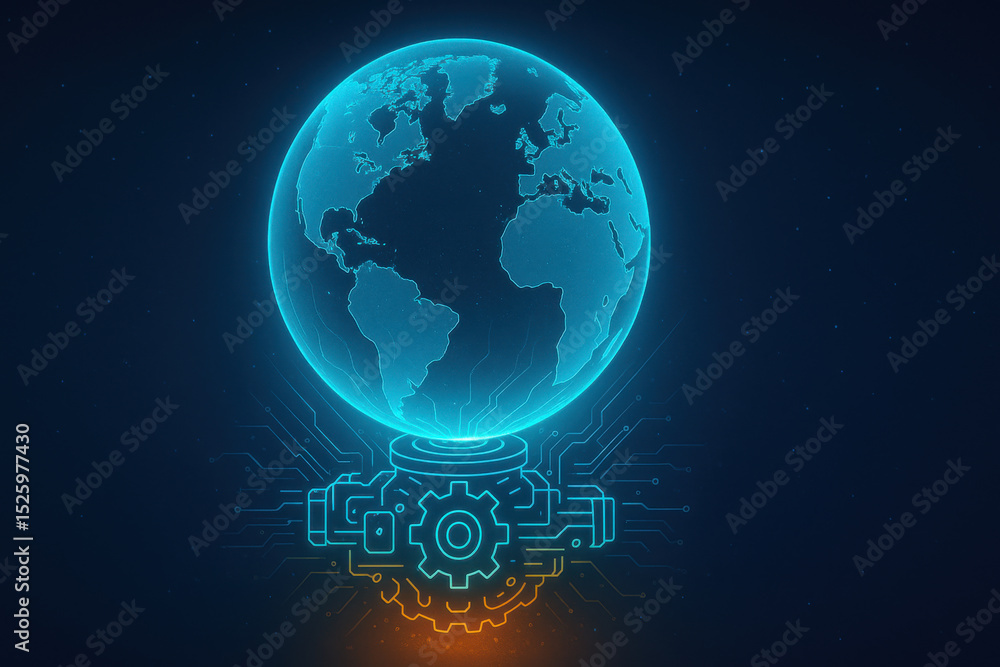Poster glowing earth within neon mechanism symbolizes fusion of technology and planet. this captivating ima