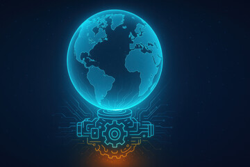 Fototapeta premium Glowing Earth within neon mechanism symbolizes fusion of technology and planet. This captivating image showcases digital representation of globe, surrounded by intricate circuitry, evoking sense