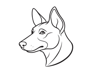 A black and white line drawing of a full dog in profile view isolated on transparent background, PNG
