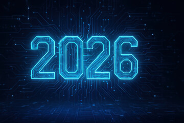 Futuristic representation of year 2026, featuring glowing blue numbers against dark digital circuitry background, evokes sense of innovation and technology