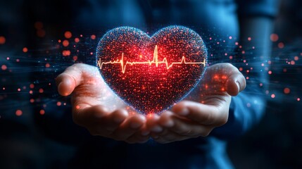 Hands holding glowing heart with heartbeat line, digital health concept