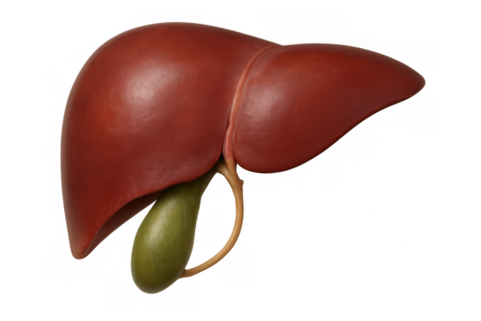 Detailed 3d medical visualization rendering human liver and gallbladder with anatomical precision against transparent backdrop