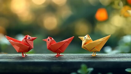 Colorful origami birds on a wooden surface under blurred natural background 50 characters