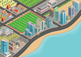 Isometric city map with residential areas and modern buildings