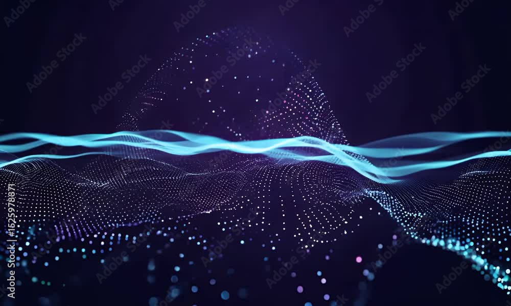 Poster abstract digital waves of glowing particles and energy flows with futuristic motion in a sci-fi insp
