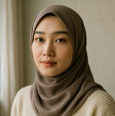 Naklejka premium Portrait of young Japanese woman wearing hijab in soft light.