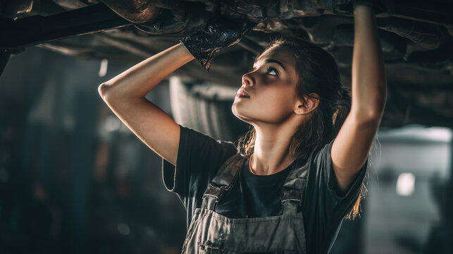 Young Latina woman working as a car mechanic, confidently repairing a vehicle in a garage. Symbol of feminine strength, breaking stereotypes in a male-dominated profession.