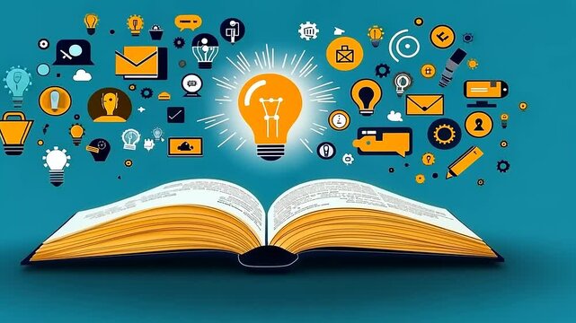 Conceptual learning animation with open book and light bulb creating ideas and knowledge