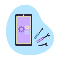 The mobile phone smartphone is located next to the tools, a wrench and a screwdriver. Concept of digital security and technical support. Isolated vector illustration.