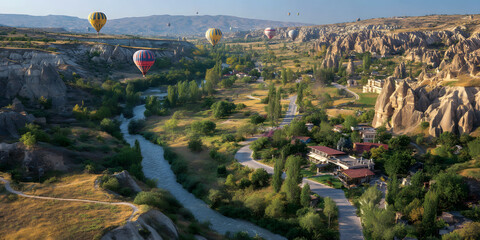 Fototapeta premium Colorful Hot Air Balloons Floating Over a Lush Valley at Sunset
