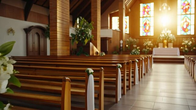 Floral arrangement in light filled interior with wooden pews and tiled floor