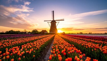 Majestic Windmill at Sunset Over Vibrant Tulip Fields in Holland